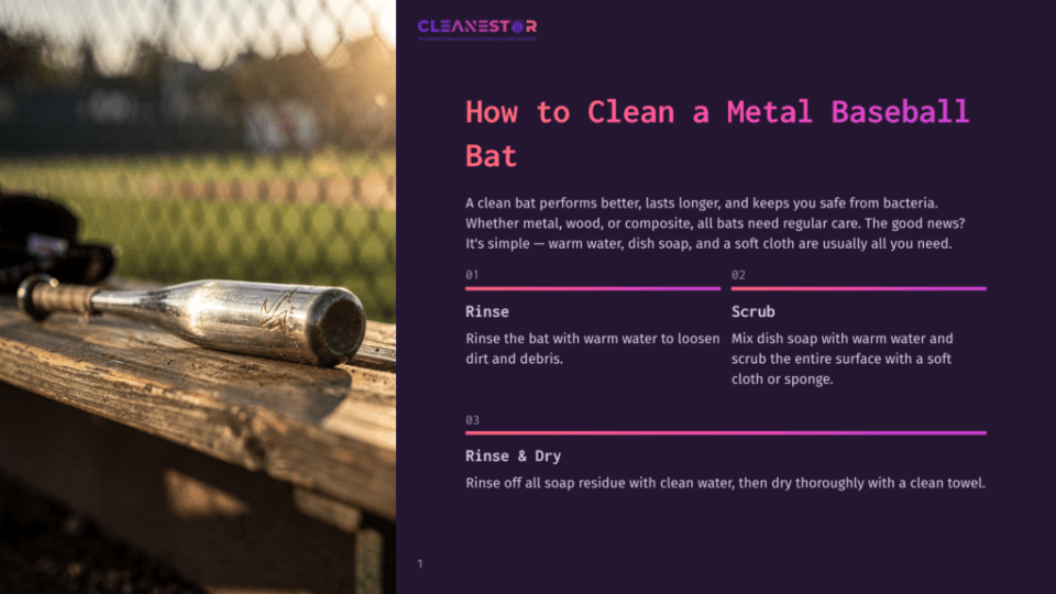 1 How To Clean A Metal Baseball Bat A Metal Baseball Bat Rests On A Wooden Dugout Bench, With A Blurred Baseball Field In The Background. &Quot;Cleanestor&Quot; Logo Is Visible.