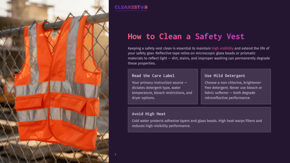 1 How To Clean A Safety Vest An Orange High-Visibility Safety Vest Hangs On A Chain-Link Fence, With Text Overlaying The Right Side Of The Image: &Quot;How To Clean A Safety Vest.