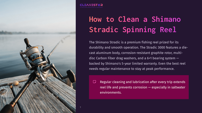 1 How To Clean A Shimano Stradic Spinning Reel Shimano Stradic Spinning Reel On A Wooden Dock, Ready For Fishing. Text Overlay: &Quot;Cleanestor&Quot; And &Quot;How To Clean A Shimano Stradic Spinning Reel&Quot;.