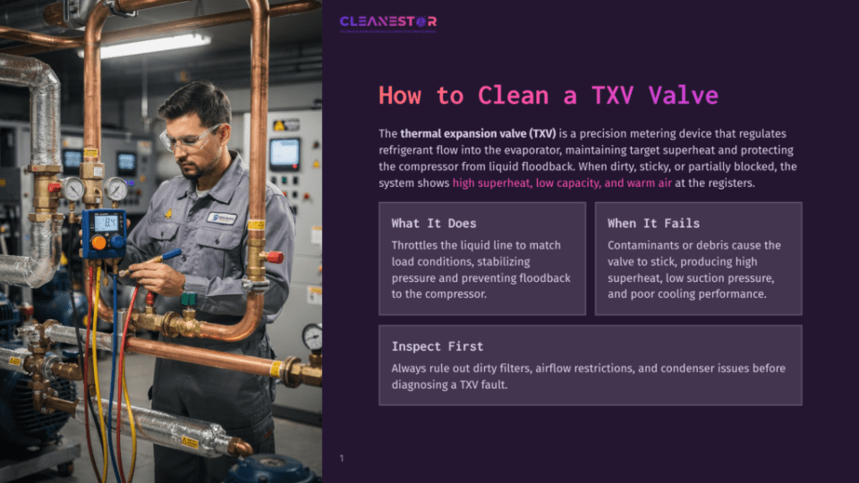 1 How To Clean A Txv Valve A Male Hvac Technician In Safety Glasses And A Blue Uniform Works On Copper Piping And Gauges On A Refrigeration System, With &Quot;Cleanestor&Quot; Text Visible.