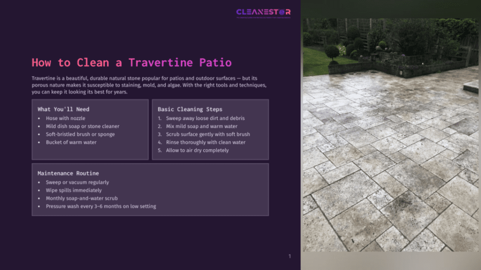 1 How To Clean A Travertine Patio A Clean, Wet Travertine Patio With A Repeating Square Tile Pattern, Surrounded By Lush Green Garden Plants And Trees. The Image Is A Demonstration Of How To Clean A Travertine Patio.