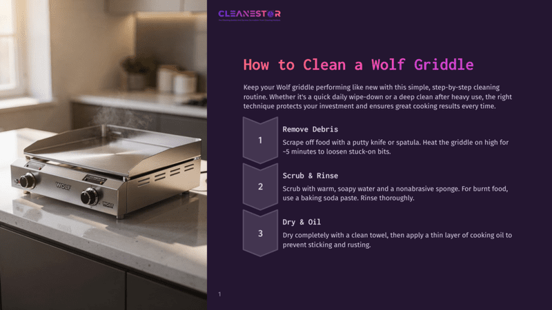 1 How To Clean A Wolf Griddle A Wolf Griddle Is Being Cleaned With A Spatula And Sponge, With Cleaning Instructions &Quot;Remove Debris&Quot; And &Quot;Scrub &Amp; Rinse&Quot; Visible On A Purple Overlay.
