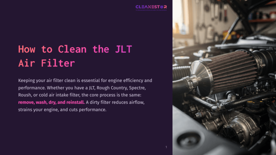 1 How To Clean The Jlt Air Filter Close-Up Of A Performance Jlt Air Intake Filter With A Red Filter Element, Installed In A Car Engine Bay. The Image Highlights The Filter'S Connection To The Engine'S Throttle Body.