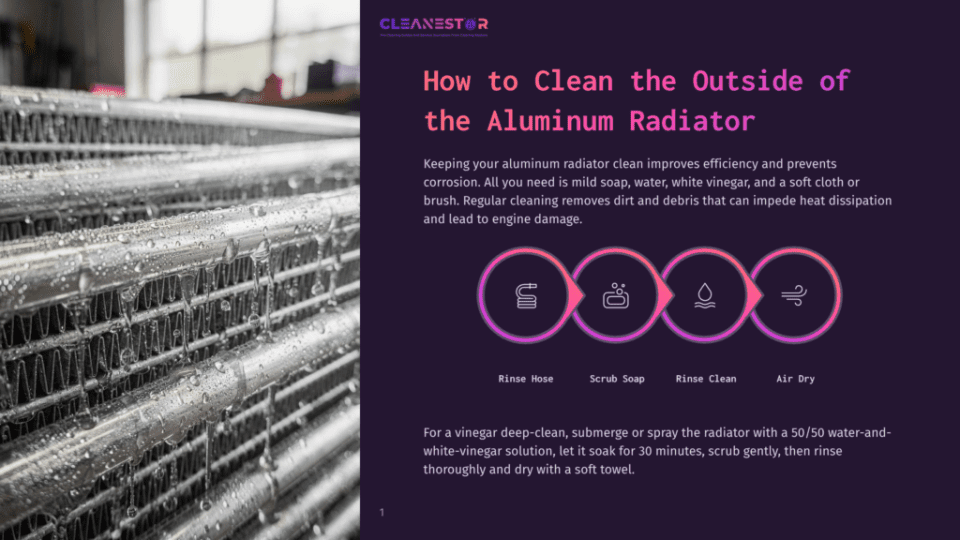 1 How To Clean The Outside Of The Aluminum Radiator Close-Up Of A Clean Aluminum Radiator With Water Droplets On Its Fins, Suggesting A Recent Cleaning. The Text &Quot;Cleanestor&Quot; Is Visible At The Top Left.