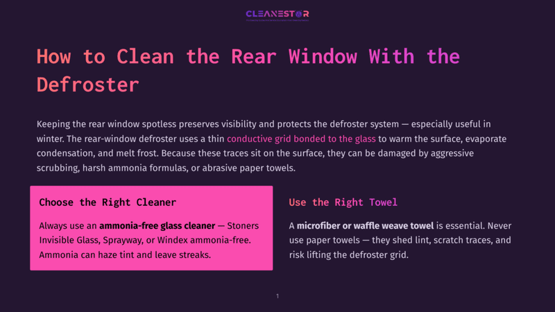 1 How To Clean The Rear Window With The Defroster Title Card For &Quot;How To Clean The Rear Window With The Defroster&Quot; With Text Overlay And A Dark Purple Background.