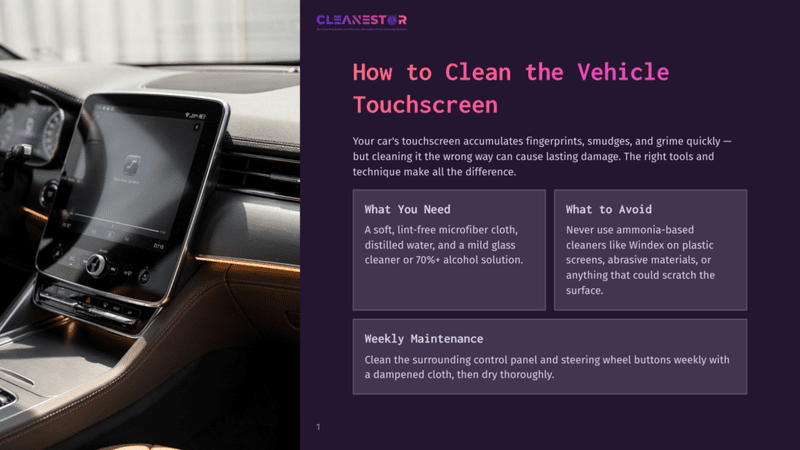 1 How To Clean The Vehicle Touchscreen Close-Up Of A Modern Car'S Touchscreen Infotainment System Displaying Music, With A Soft Microfiber Cloth And Cleaning Solution Nearby, Illustrating Vehicle Touchscreen Cleaning.