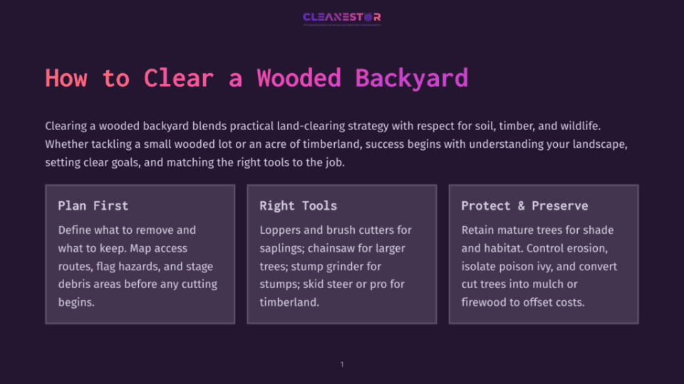 1 How To Clear A Wooded Backyard Cleanestor Logo. &Quot;How To Clear A Wooded Backyard&Quot; Title. Three Sections: Plan First, Right Tools, Protect &Amp; Preserve, With Bullet Points Under Each.