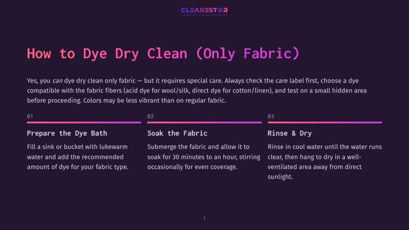 1 How To Dye Dry Clean Only Fabric A Graphic With The Title &Quot;How To Dye Dry Clean Only Fabric&Quot; In Purple Text. It Outlines Three Steps: Prepare The Dye Bath, Soak The Fabric, And Rinse &Amp; Dry, With Accompanying Descriptions.