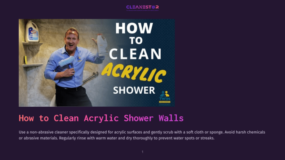 1 How To Clean Acrylic Shower Walls Man In Blue Shirt And Black Apron Holding A Roller And Spray Bottle, Demonstrating &Quot;How To Clean Acrylic Shower Walls&Quot; With Text Overlay.