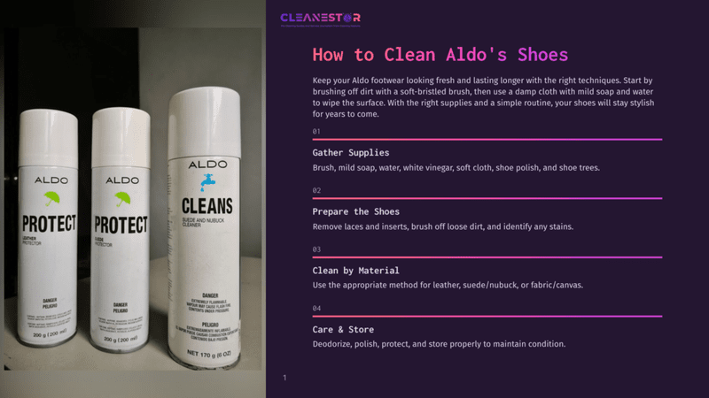 1 How To Clean Aldos Shoes Two Aldo Shoe Protector Spray Cans And One Aldo Shoe Cleaner Spray Can Sit Side-By-Side On A White Surface, With Instructions For Cleaning Aldo Shoes Displayed On A Purple Background To The Right.