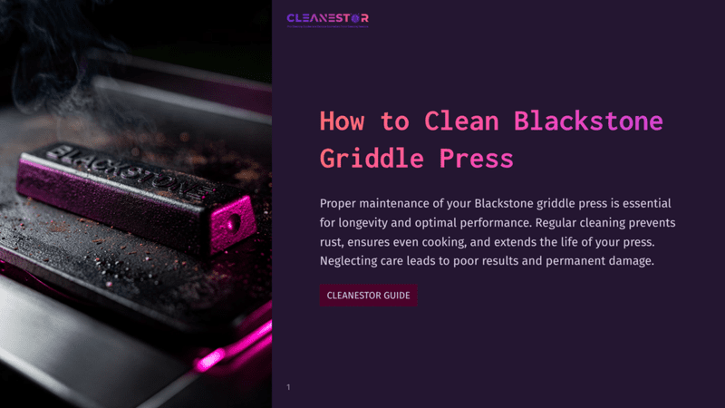 1 How To Clean Blackstone Griddle Press Close-Up Of A Blackstone Griddle Press With Steam Rising, On A Dark, Oily Surface. Text Reads: &Quot;How To Clean Blackstone Griddle Press.