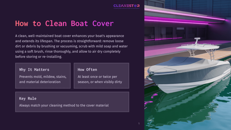 1 How To Clean Boat Cover A Modern White Boat With A Gray Cover Is Docked At A Pier, Illuminated By Vibrant Pink Neon Lights Reflecting On The Water. The Text &Quot;Cleanestor&Quot; Is Visible At The Top.