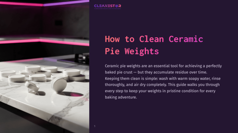1 How To Clean Ceramic Pie Weights A Close-Up Shot Of Clean, White Ceramic Pie Weights Arranged On A Marble Countertop. The Text &Quot;How To Clean Ceramic Pie Weights&Quot; Is Visible On The Right Side Of The Image.