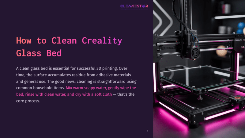1 How To Clean Creality Glass Bed A Creality 3D Printer With A Glass Bed In A Modern, Dark-Themed Workshop. The Printer Is Illuminated By Pink Lights, And The Glass Bed Reflects The Surroundings. Text Overlay Reads &Quot;How To Clean Creality Glass Bed.
