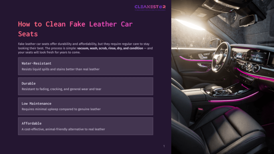 1 How To Clean Fake Leather Car Seats Interior Of A Luxury Car With Black Leather Seats And Ambient Pink Lighting, Showcasing The Clean And Modern Dashboard And Center Console.