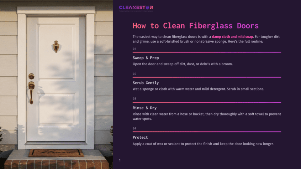 1 How To Clean Fiberglass Doors Cleanestor Logo On A Dark Background With Text About Cleaning Fiberglass Doors, Next To A Clean White Fiberglass Door With Brass Hardware.