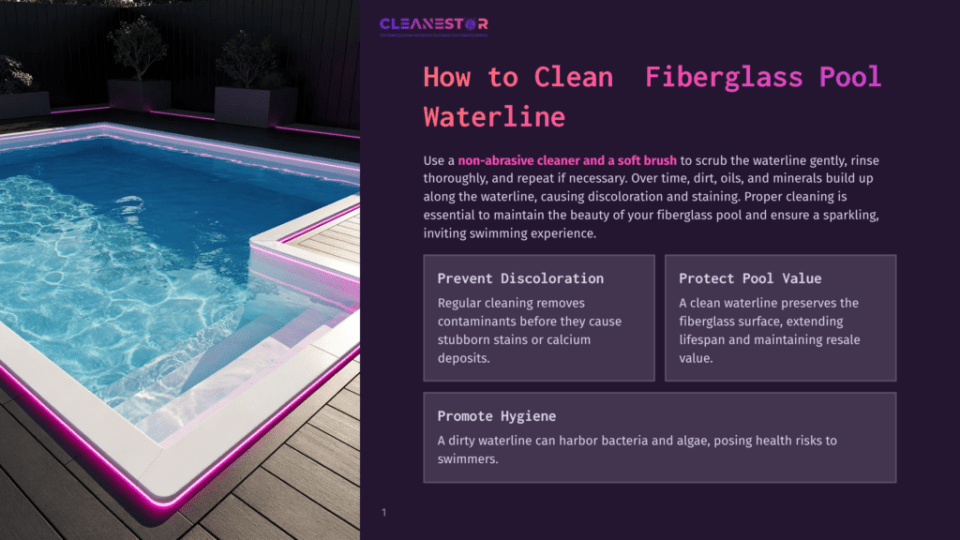 1 How To Clean Fiberglass Pool Waterline An Infographic About Cleaning A Fiberglass Pool Waterline, Showing A Clean Pool With A Pink Waterline And Text About Using A Non-Abrasive Cleaner And Soft Brush To Prevent Discoloration, Protect Pool Value, And Promote Hygiene.