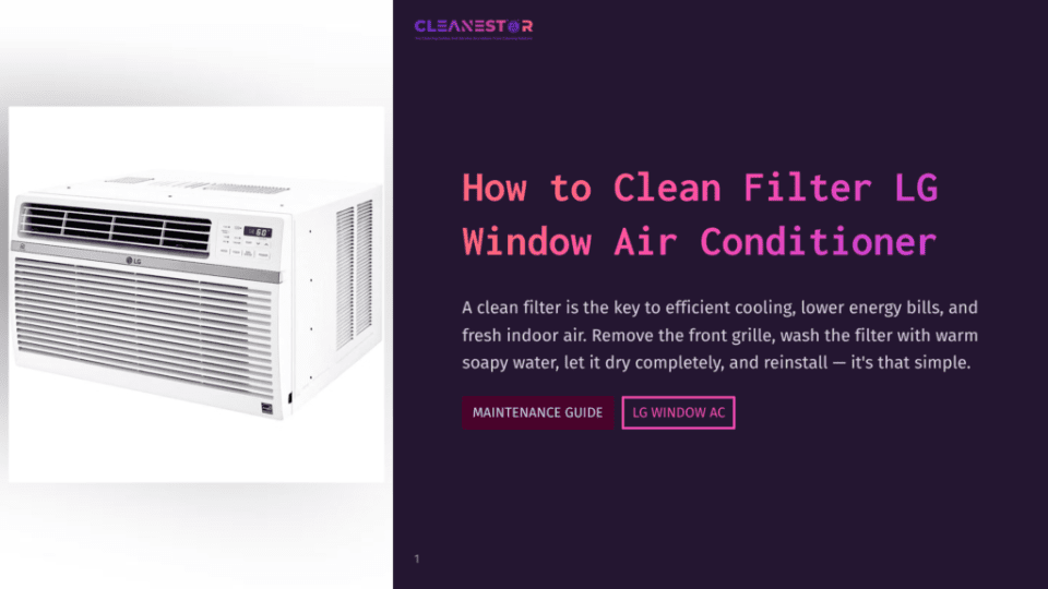 Lg Window Air Conditioner With A White Front Panel And Digital Display, Ready For Filter Cleaning. Text Overlay: &Quot;How To Clean Filter Lg Window Air Conditioner.
