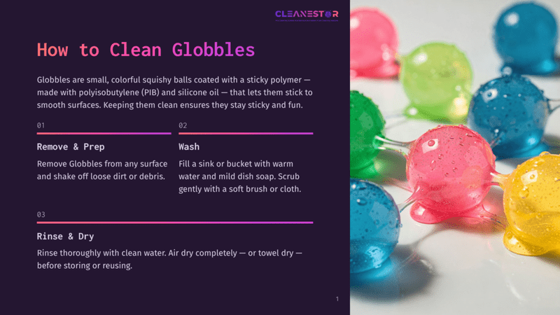 1 How To Clean Globbles Close-Up Of Colorful, Squishy Globbles With Sticky Polymer Coating, Some Wet And Glistening, On A White Surface. Text Overlay Provides Cleaning Instructions For &Quot;How To Clean Globbles&Quot;.
