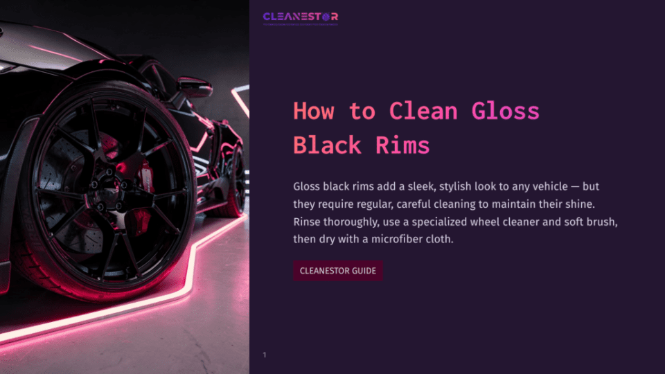 1 How To Clean Gloss Black Rims A Sleek, Modern Black Car With Glossy Black Rims Is Shown Against A Dark Background, Illuminated By Red And Pink Neon Lights, With A Focus On The Car'S Front Wheel And A Cleanestor Guide Text Below.