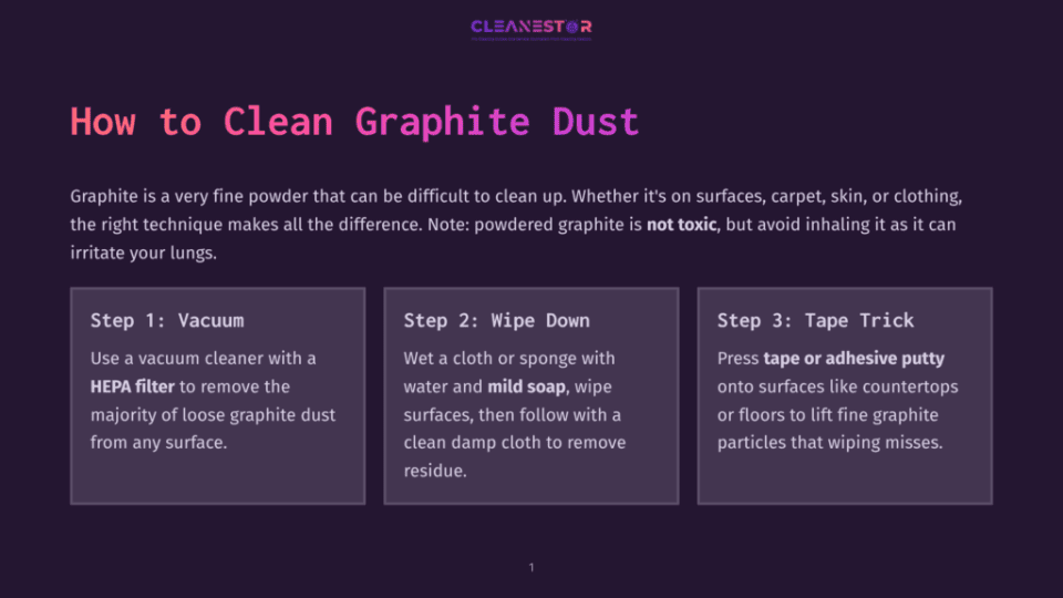 1 How To Clean Graphite Dust Graphic Showing Three Steps To Clean Graphite Dust: Vacuum With Hepa Filter, Wipe With Mild Soap And Water, And Tape Trick. Text Highlights &Quot;How To Clean Graphite Dust&Quot; And &Quot;Not Toxic.