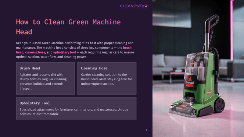 1 How To Clean Green Machine Head Green Bissell Carpet Cleaner Machine With A Transparent Tank, Showing Brush Head And Cleaning Hose Components For Effective Carpet Cleaning.