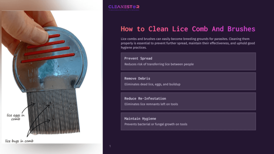 1 How To Clean Lice Comb And Brushes 1 Close-Up Of A Hand Holding A Metallic Lice Comb With Red Lines, Designed To Remove Lice Eggs And Maintain Hygiene.