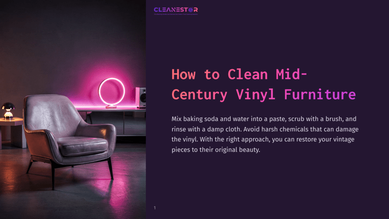 1 How To Clean Mid Century Vinyl Furniture A Stylish Mid-Century Vinyl Armchair In A Muted Pink Hue Sits In A Dimly Lit Room, Illuminated By A Vibrant Pink Neon Ring Light. The Text &Quot;How To Clean Mid-Century Vinyl Furniture&Quot; Is Overlaid On The Right Side Of The Image.