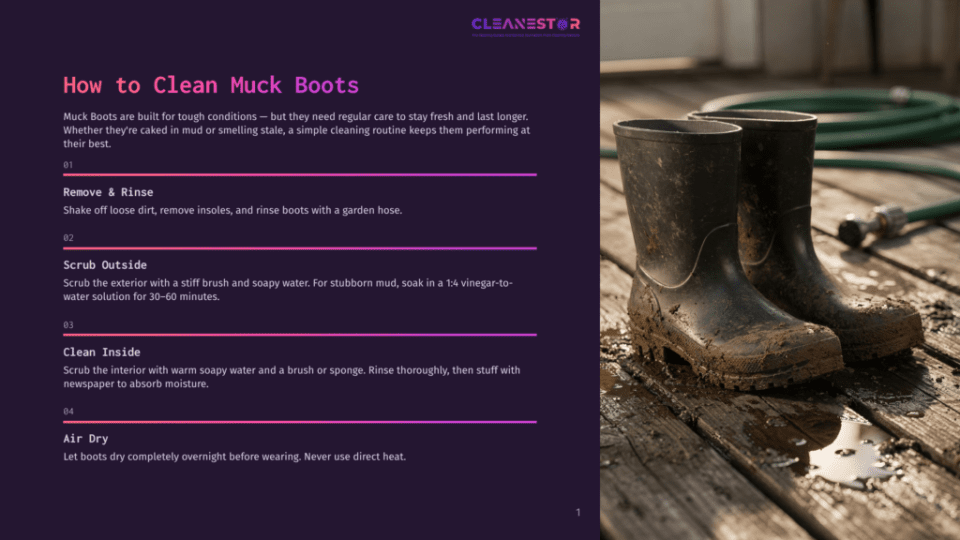 1 How To Clean Muck Boots Two Muddy Black Rubber Muck Boots Stand Upright On A Weathered Wooden Deck, With A Green Garden Hose Visible In The Background. Text On The Left Provides Tips For Cleaning Muck Boots.
