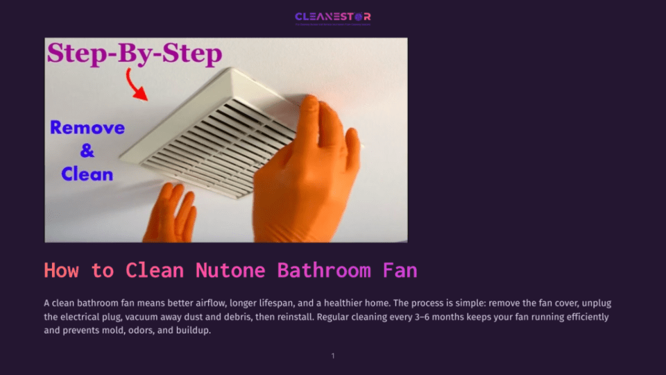 1 How To Clean Nutone Bathroom Fan Hands In Orange Gloves Remove A White Bathroom Exhaust Fan Cover For Cleaning, With &Quot;Step-By-Step Remove &Amp; Clean&Quot; Text Overlay.