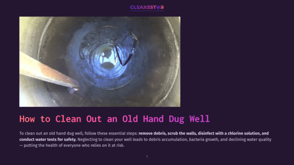 1 How To Clean Out An Old Hand Dug Well Inside A Circular, Dark, Hand-Dug Well With Visible Pipes And A Ladder, A Person Is Cleaning The Walls. The Cleanestor Logo Is At The Top.