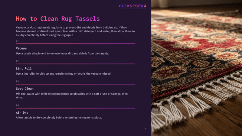 1 How To Clean Rug Tassels Close-Up Of An Intricately Patterned Rug With Loose Tassels On A Wooden Floor, Instructions On How To Clean Rug Tassels Overlaying The Image.