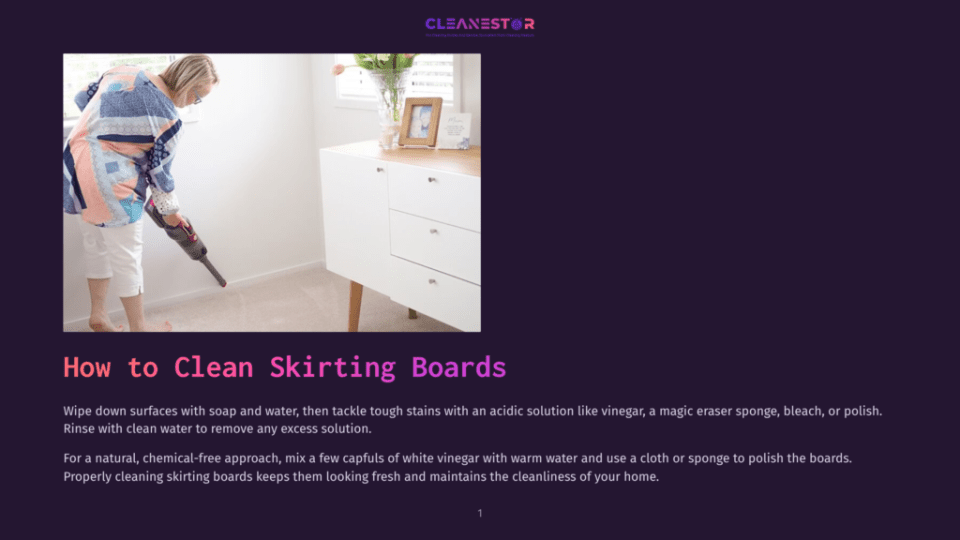 1 How To Clean Skirting Boards A Woman In A Patterned Robe Vacuums A Carpeted Floor Next To White Cabinets And A Small Table, With The Text &Quot;How To Clean Skirting Boards&Quot; Visible.