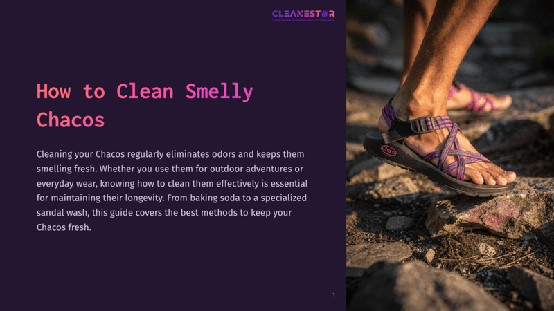 1 How To Clean Smelly Chacos Close-Up Of A Person'S Foot Wearing A Purple Chaco Sandal Walking On A Rocky Trail. The Text &Quot;Cleanestor&Quot; Is Visible At The Top.