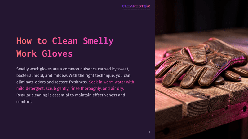 1 How To Clean Smelly Work Gloves Close-Up Of Weathered Brown Leather Work Gloves Resting On A Rustic Wooden Surface, With A Soft Purple Light Illuminating The Scene.