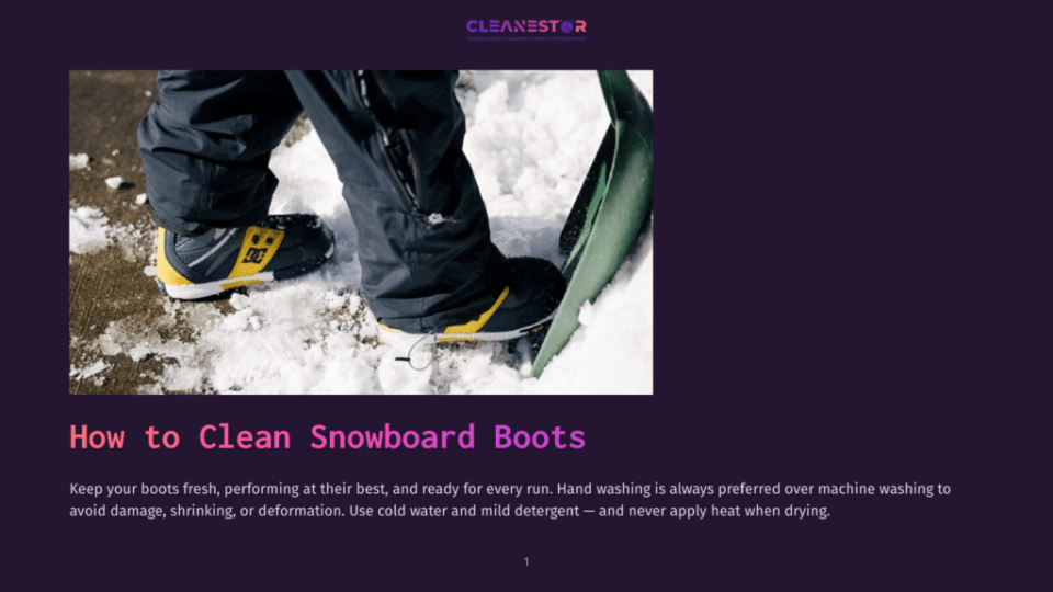 1 How To Clean Snowboard Boots Close-Up Of Snowboard Boots With Yellow Accents And Black Pants Standing In Snow, With A Green Snowboard Shovel Nearby. Text Overlay Reads &Quot;How To Clean Snowboard Boots&Quot;.