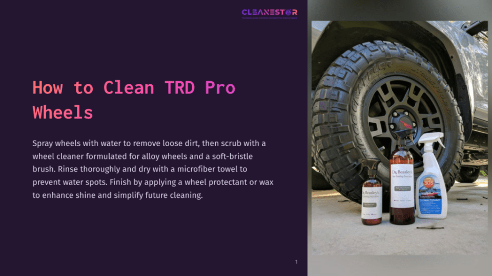 1 How To Clean Trd Pro Wheels Close-Up Of A Rugged Trd Pro Wheel With A Black Finish, Featuring Cleaning Products Like Dr. Beasley'S Wheel Cleaner And A Microfiber Towel. The Text &Quot;How To Clean Trd Pro Wheels&Quot; Is Visible On The Left.