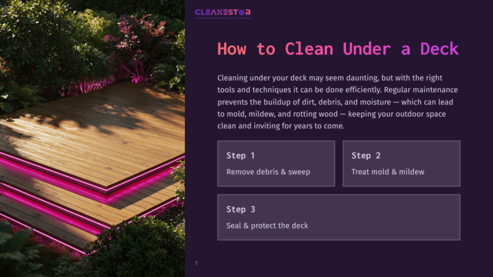 1 How To Clean Under A Deck A Tutorial Graphic Displays How To Clean Under A Deck, With A Wooden Deck Illuminated By Pink Lights, Surrounded By Lush Greenery, And Steps To Remove Debris And Sweep, Treat Mold And Mildew, And Seal And Protect The Deck.