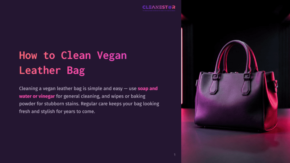 1 How To Clean Vegan Leather Bag A Stylish Black Vegan Leather Handbag Sits On A Dark Surface, Illuminated By Vibrant Pink And Purple Lighting. The Background Is Dark With Subtle Vertical Lines.