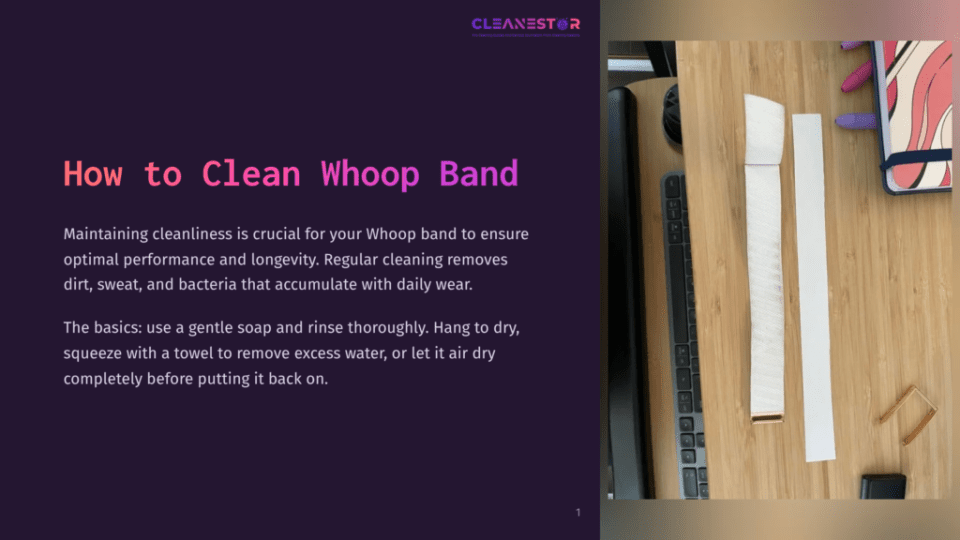 1 How To Clean Whoop Band Close-Up Of Two Whoop Bands On A Wooden Desk, One Fully Assembled And One Disassembled Into Its White Fabric Strap And Gold Metal Clasp. Text Overlay Reads &Quot;How To Clean Whoop Band&Quot;.