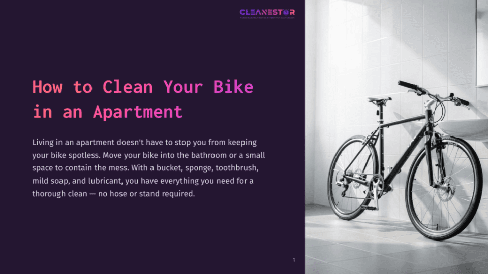 1 How To Clean Your Bike In An Apartment A Black Bicycle Is Parked In A Bright, Tiled Bathroom Next To A Sink. The Text &Quot;Cleanestor&Quot; Is Visible In The Upper Right Corner.