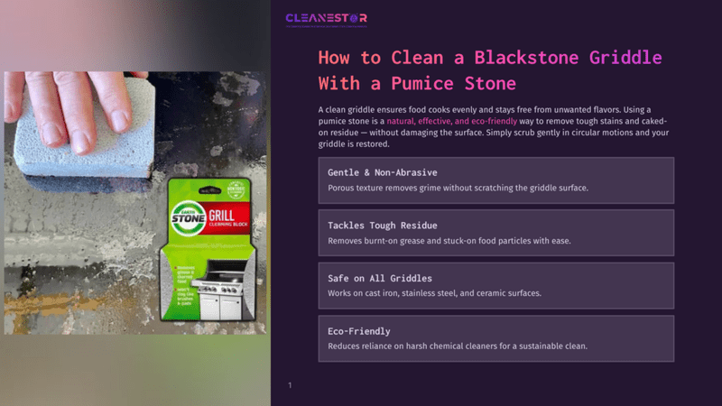 1 How To Clean A Blackstone Griddle With A Pumice Stone 2 Close-Up Of A Hand Holding A Pumice Stone Cleaning Block Over A Blackstone Griddle, With The &Quot;Cleanestor Grill Stone Cleaning Block&Quot; Packaging Visible.