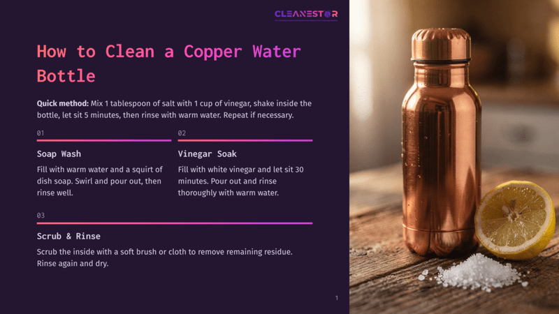 1 How To Clean A Copper Water Bottle A Copper Water Bottle, A Half-Cut Lemon, And A Small Pile Of Salt Sit On A Wooden Surface. The Bottle Has A Copper Body And A Matching Cap, With A Label &Quot;Cleanest&Quot; In The Center. Nearby, A Glass Of White Vinegar And A Dish Soap Bottle Are Also Visible.