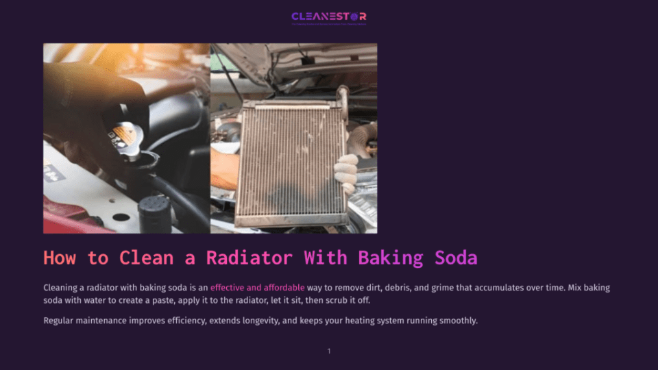 1 How To Clean A Radiator With Baking Soda Close-Up Of A Person'S Hands Pouring A White Liquid From A Bottle Into An Engine Radiator, With A Second Image Showing A Clean Car Radiator.