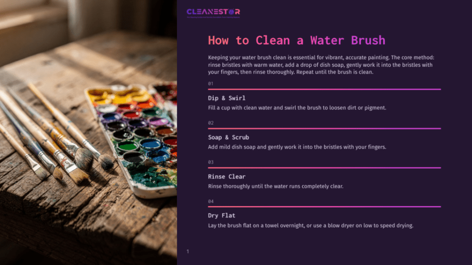 1 How To Clean A Water Brush Four Paintbrushes Rest On A Rustic Wooden Surface Next To A Watercolor Paint Palette Filled With Vibrant Colors. The Brushes Are Angled, With Bristles Showing Signs Of Use, Suggesting Artistic Creation.