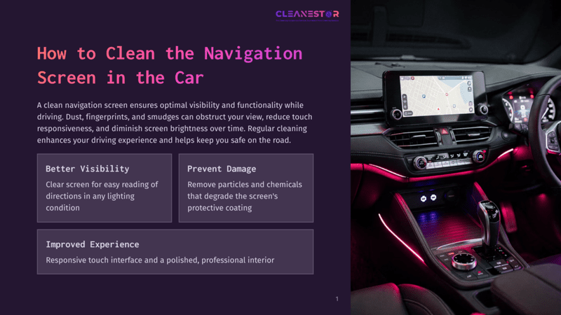 1 How To Clean The Navigation Screen In The Car Interior Of A Modern Car At Night, Featuring A Glowing Navigation Screen And Ambient Pink And Purple Lighting Illuminating The Dashboard And Center Console.