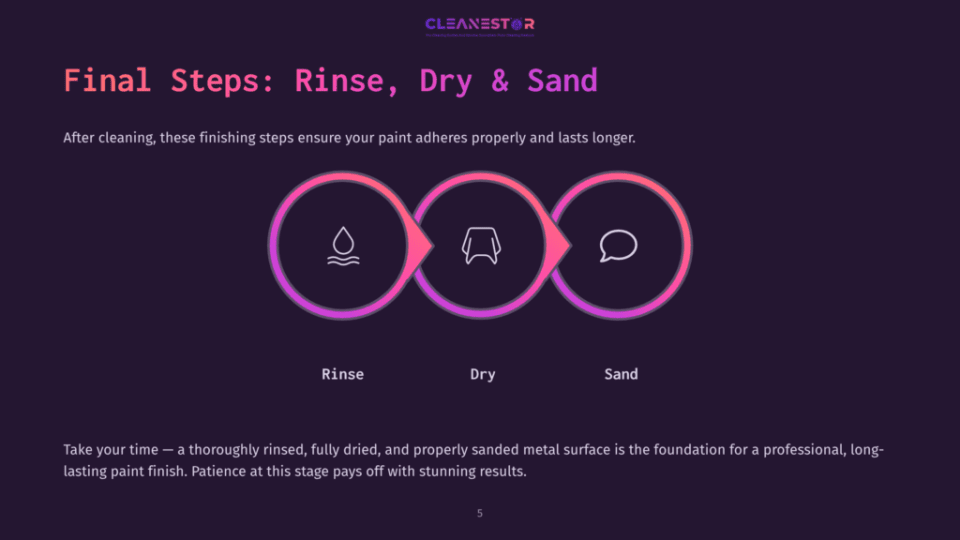 5 Final Steps Rinse Dry And Sand Infographic Showing The Final Steps Of Painting: Rinse, Dry, And Sand. Each Step Is Represented By A Circular Icon Within A Larger Circle, Connected By Arrows, With Text Labels Below.
