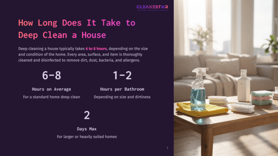 1 How Long Does It Take To Deep Clean A House 1 A Sunlit Living Room Table Displays Cleaning Supplies: A Spray Bottle Of Blue Cleaner, A Yellow Cloth, And Brushes, Next To A Window With Bright Daylight. The Text &Quot;Cleanestor&Quot; Is Visible At The Top.