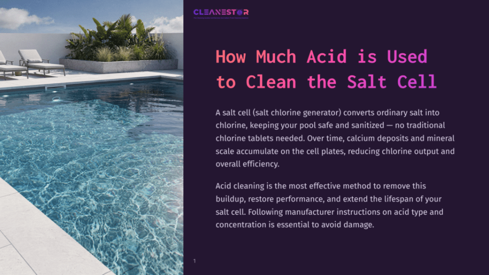 1 How Much Acid Is Used To Clean The Salt Cell A Sparkling, Clean Swimming Pool With Clear Blue Water, Surrounded By Lounge Chairs And Lush Greenery, Under A Bright Sky. The Cleanestor Logo And Text About Cleaning Salt Cells Are Visible.