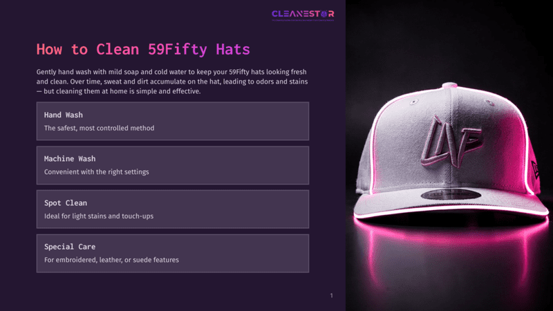 1 How To Clean 59Fifty Hats A Close-Up Of A Light Grey New Era 59Fifty Hat With A Pink La Logo, Illuminated By Neon Pink Lighting, On A Dark Reflective Surface. The Text &Quot;Cleanestor&Quot; Is Visible At The Top.